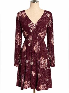 Anthropologie Maeve eggplant floral print dress, deep V, long sleeve, mini- S